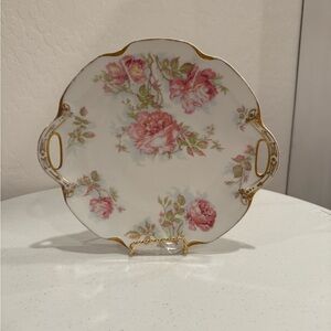 Antique Haviland Limoges Porcelain Handled Tray — Pink “Cabbage Rose